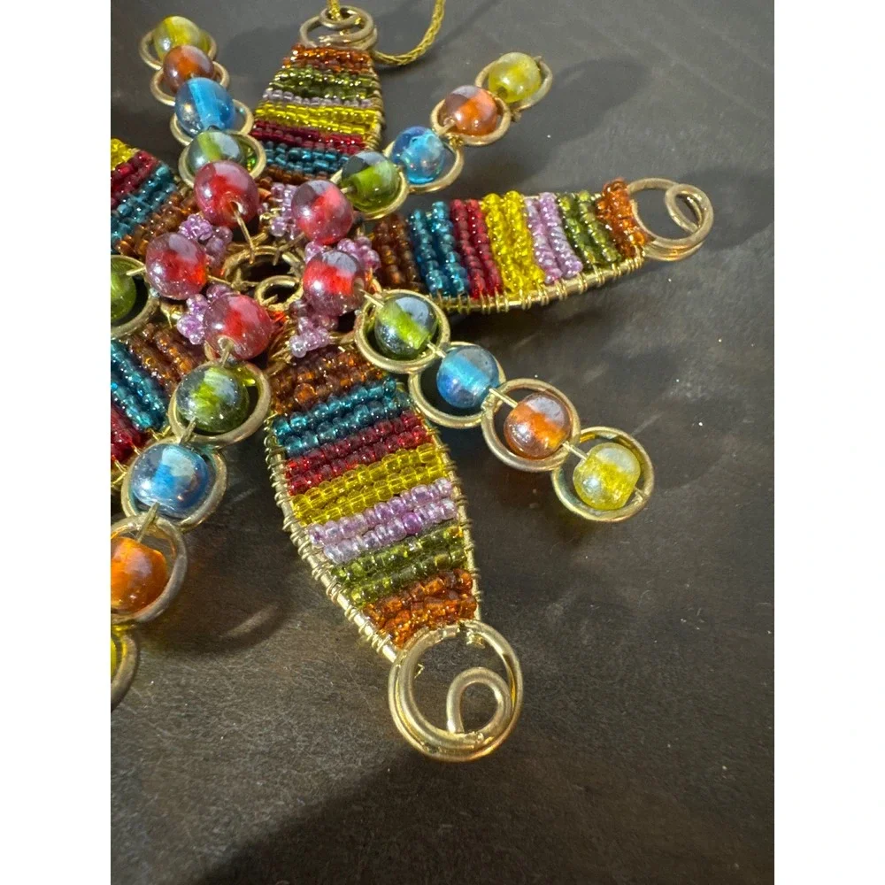 Handcrafted Beaded Star Ornament Rainbow Wire Wrapped Sunburst Gold Tone 4 Inch